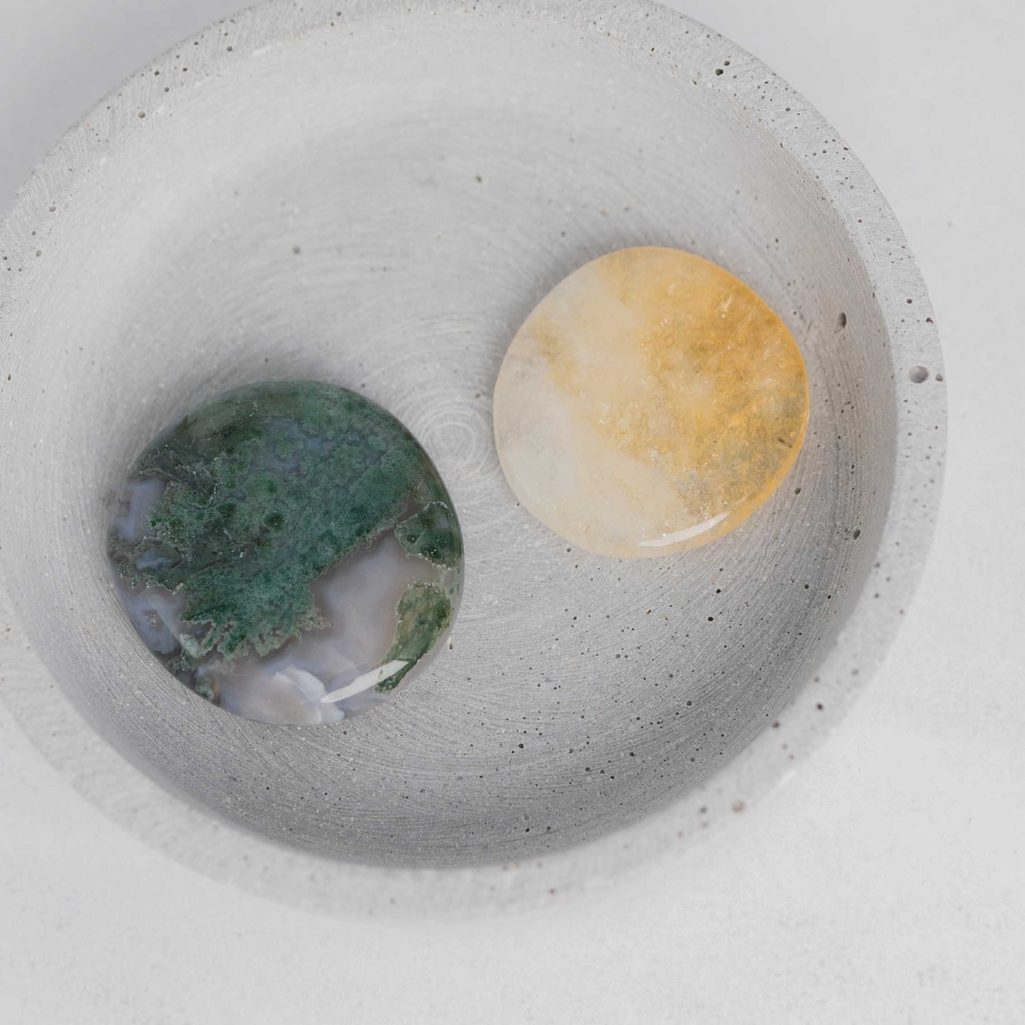 Flachstein-Set Lass los – Moosachat & Citrin für Neubeginn & inneres Strahlen.