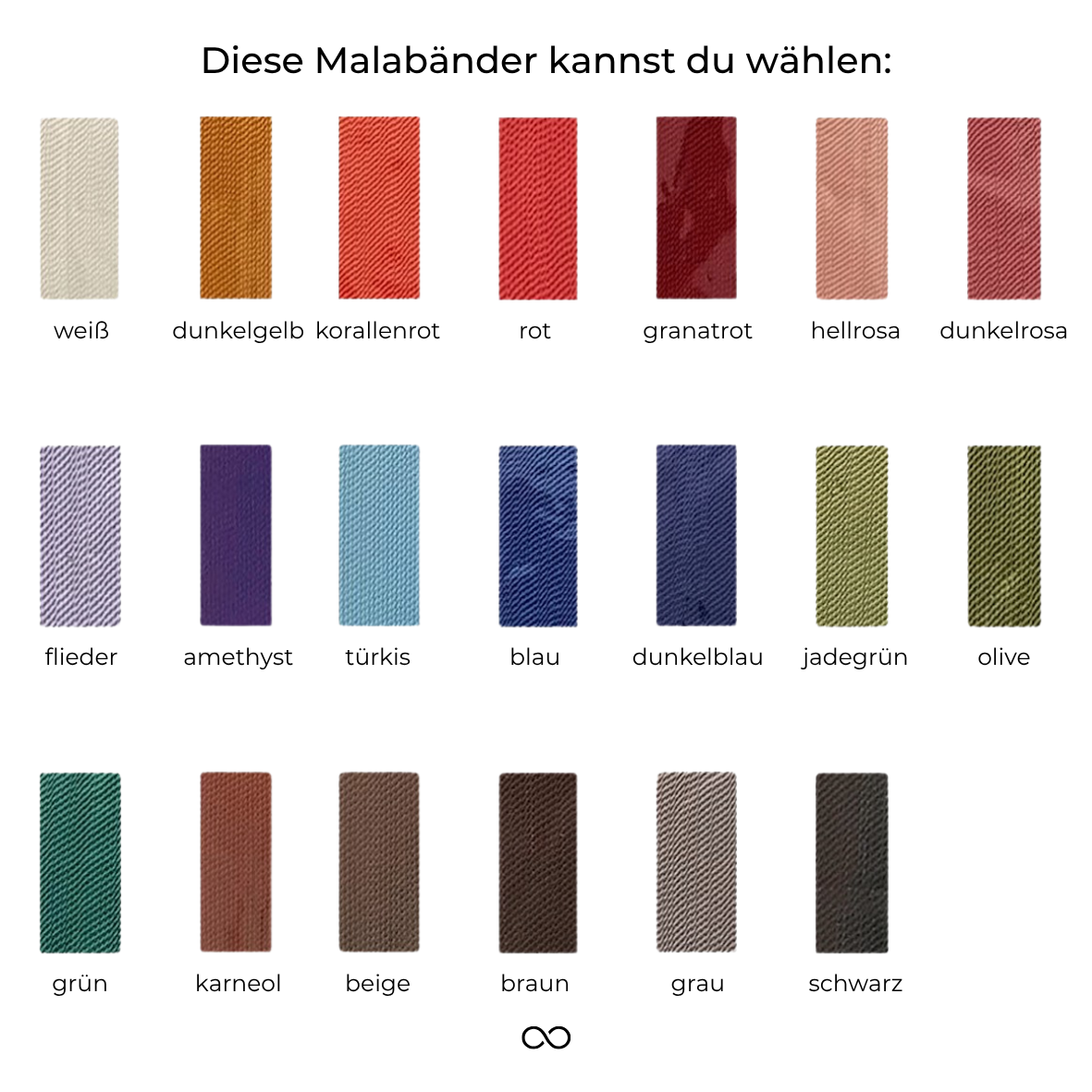 Übersicht der Mala Bandfarben – Auswahl an hochwertigen Nylonbändern für handgefertigte Malas von Moonlight Edelsteine. Verschiedene Farben für individuelle Gestaltung.