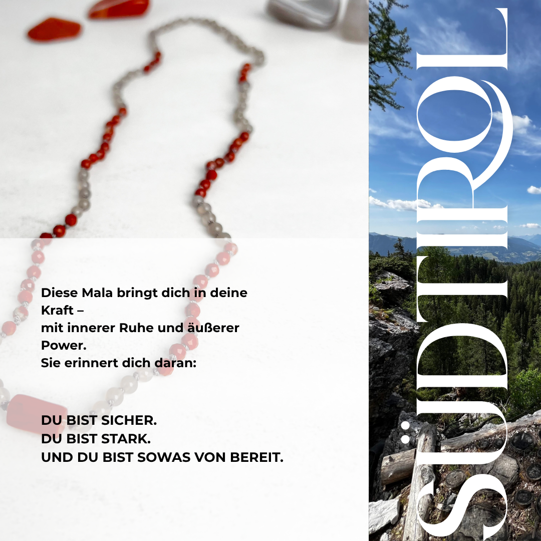 Handgefertigte Südtirol-Mala aus Achat und rotem Jaspis. Edelstein-Schmuck für Vertrauen, innere Stärke & Kraft – Moonlight Edelsteine.