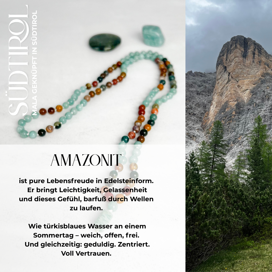 Handgefertigte Südtirol-Mala mit Amazonit und Ocean Jaspis – Edelstein-Schmuck für Lebensfreude, Entspannung und frische Energie.