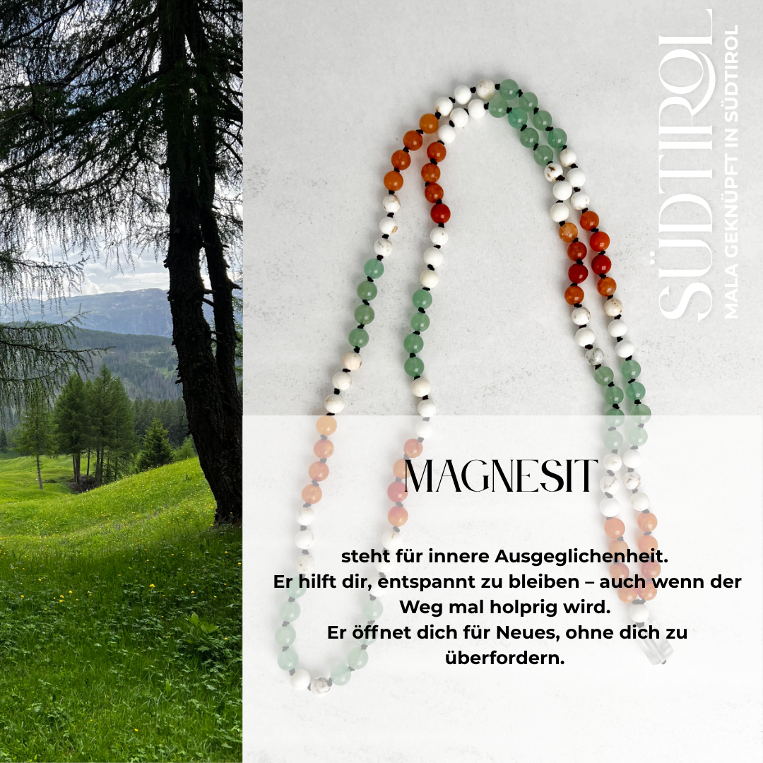 Handgefertigte Südtirol-Mala mit grünem und orangem Aventurin sowie Magnesit – Schmuck für Mut, Optimismus, Abenteuer und Entspannung.