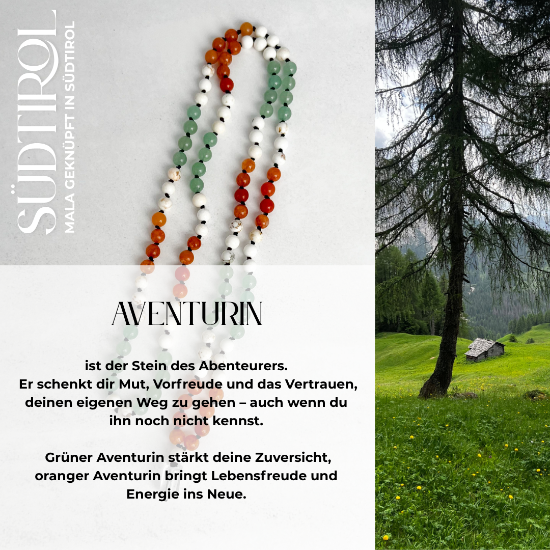 Handgefertigte Südtirol-Mala mit grünem und orangem Aventurin sowie Magnesit – Schmuck für Mut, Optimismus, Abenteuer und Entspannung.