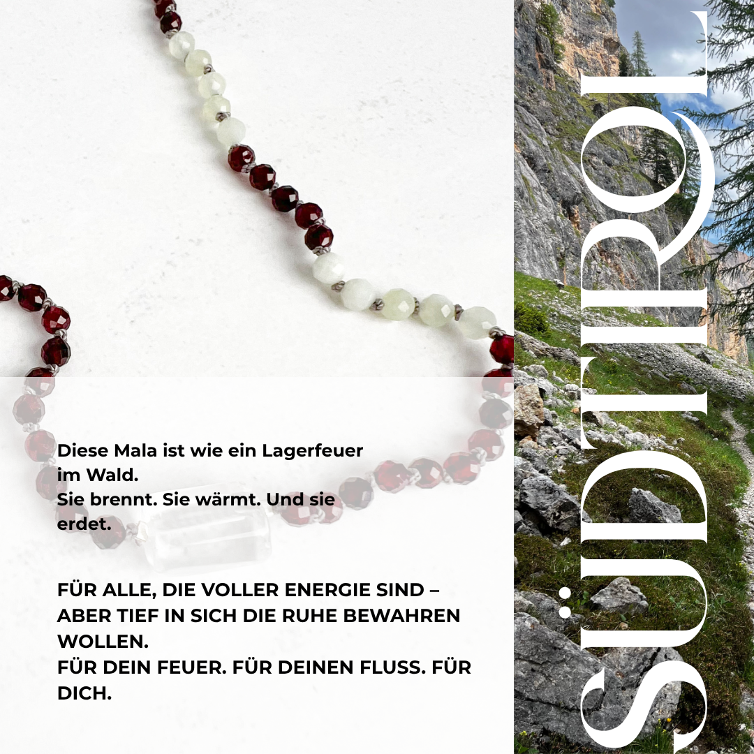 Handgefertigte Südtirol-Mala mit Granat und Jade. Edelstein-Schmuck für Leidenschaft, Erdung & tiefe Verbundenheit mit der Natur.