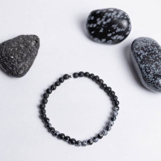 Feines 4mm Armband Tiefe Heilung – Schneeflockenobsidian und Lava für Transformation, Ruhe und Erdung