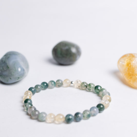 Handgefertigtes Armband mit 6 mm Citrin & Moosachat – Lass Los Kollektion. Schmuck für innere Stärke & neues Strahlen
