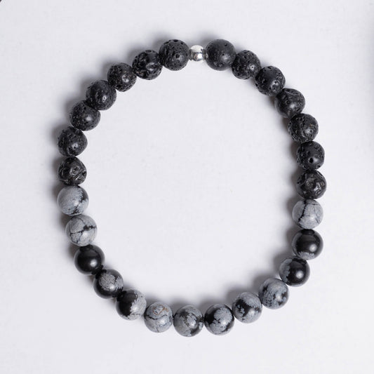 Armband Tiefe Heilung mit 6mm Edelsteinperlen aus Schneeflockenobsidian und Lava – für Erdung und innere Stärke