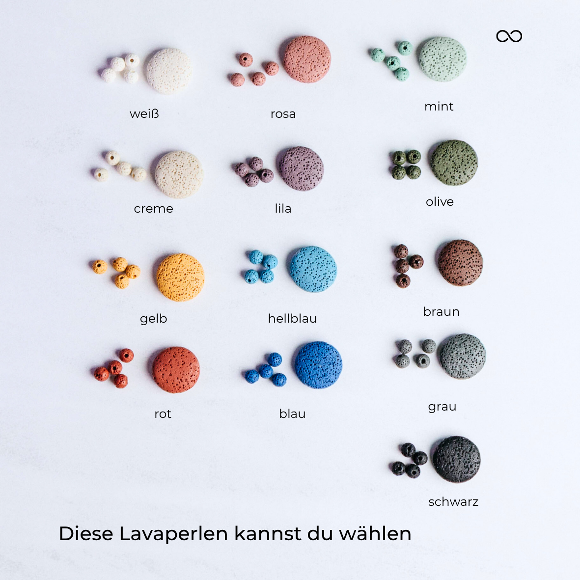 Übersicht Lava-Perlen in verschiedenen Farben – handgefertigter Diffusorschmuck von Moonlight Edelsteine. Ideal zum Tragen mit ätherischen Ölen.