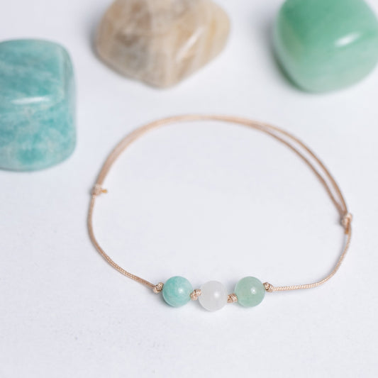 Human Design Armband Manifestierender Generator – Amazonit, Weißer Mondstein und Aventurin auf Nylonband mit 6mm Perle