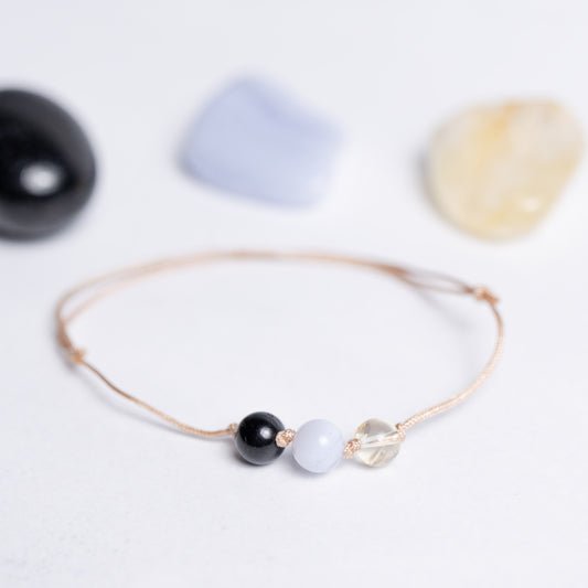Human Design Armband Manifestor – Citrin, Chalcedon und Schwarzer Turmalin auf Nylonband mit 6mm Perle