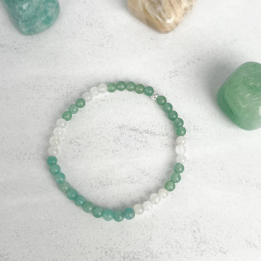 Human Design Armband Manifestierender Generator – handgefertigt mit 4 mm Edelsteinperlen aus Aventurin, Mondstein & Amazonit, energetischer Schmuck für Freude & Lebenskraft