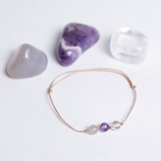 Human Design Armband Projektor – Achat, Amethyst und Bergkristall auf Nylonband mit 6mm Perle