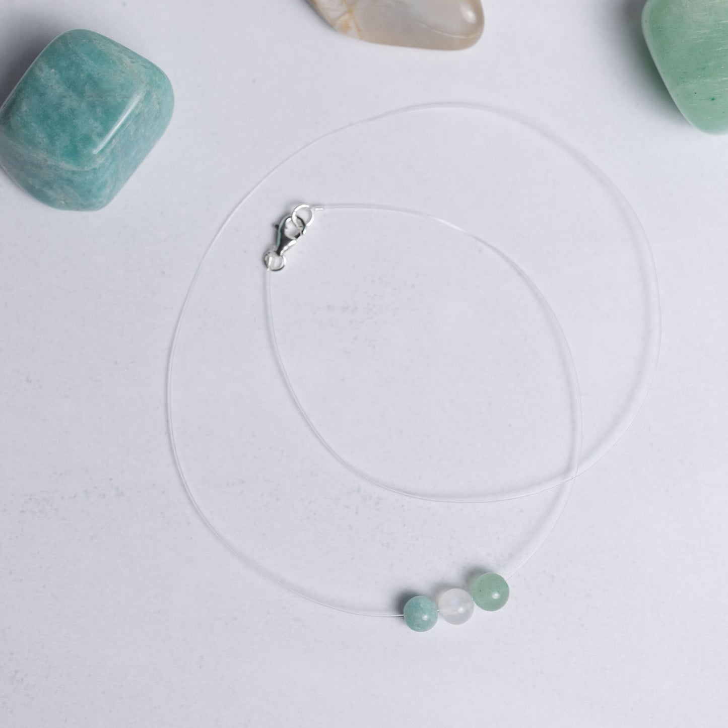 Human Design Kette Manifestierender Generator – Amazonit, Weißer Mondstein und Aventurin auf transparentem Nylonband mit 6mm Perle