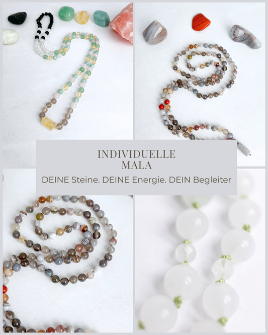 Individuelle Mala aus Edelsteinen – handgefertigt, personalisiert und energetisch abgestimmt. Dein einzigartiger Begleiter von Moonlight Edelsteine.