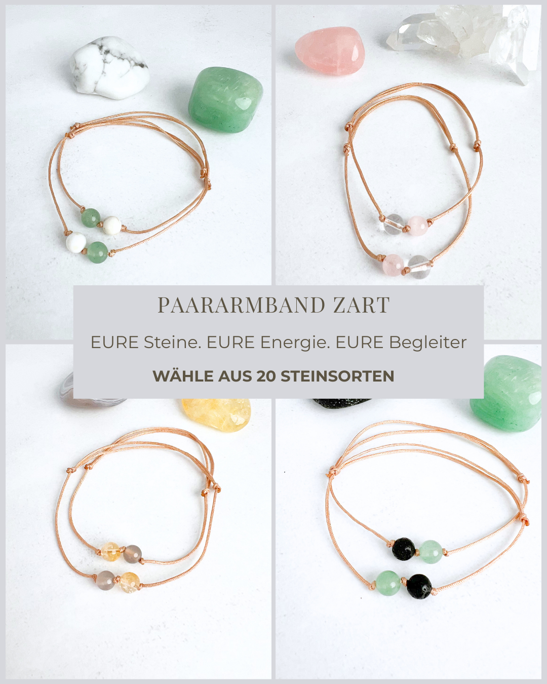 Paararmband 2er-Set – handgefertigte Nylon-Armbänder mit je einer Edelstein-Perle. Symbol für Liebe, Zusammenhalt und Verbundenheit – Moonlight Edelsteine.
