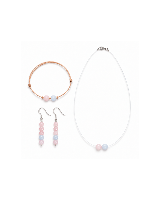 Selbstliebe – ZART Set – Armband, Kette, Ohrring mit Rosenquarz und Chalcedon – handgefertigt in München | MOONLIGHT Edelsteine