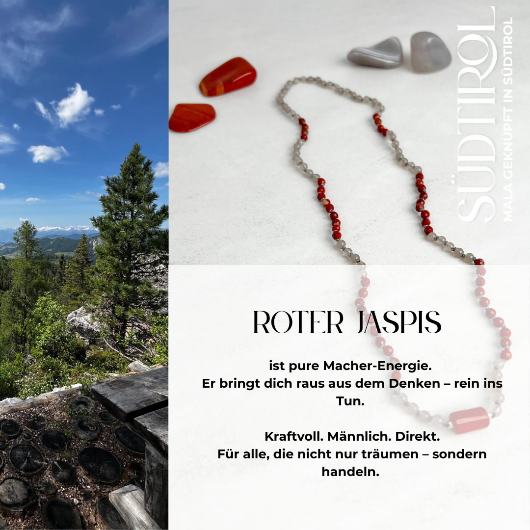 Handgefertigte Südtirol-Mala aus Achat und rotem Jaspis. Edelstein-Schmuck für Vertrauen, innere Stärke & Kraft – Moonlight Edelsteine.