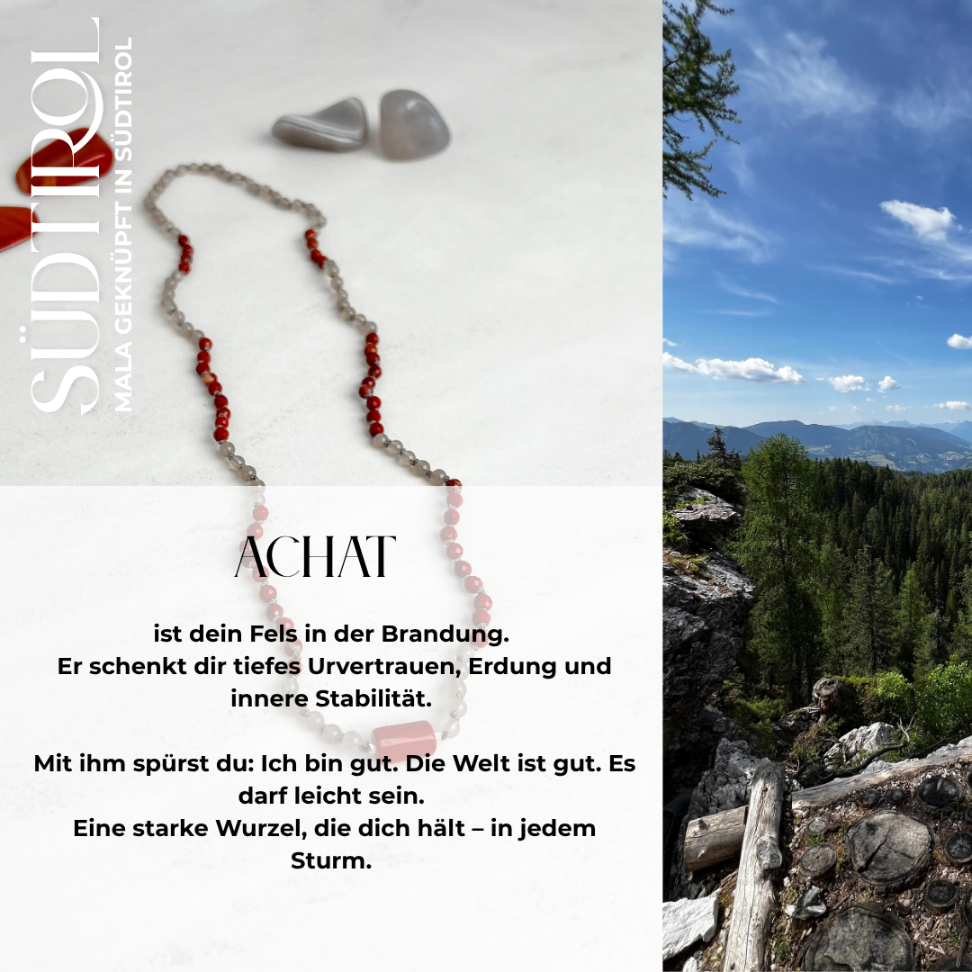 Handgefertigte Südtirol-Mala aus Achat und rotem Jaspis. Edelstein-Schmuck für Vertrauen, innere Stärke & Kraft – Moonlight Edelsteine.