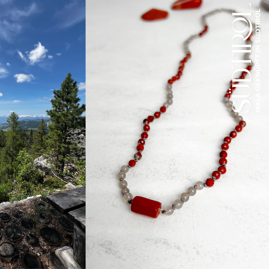 Handgefertigte Südtirol-Mala aus Achat und rotem Jaspis. Edelstein-Schmuck für Vertrauen, innere Stärke & Kraft – Moonlight Edelsteine.