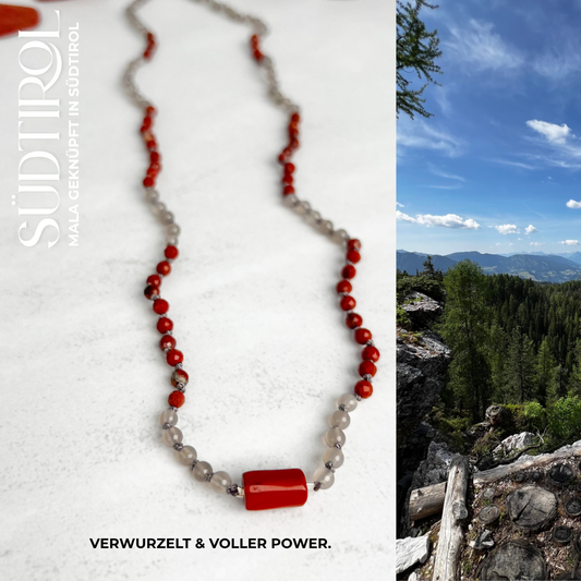 Handgefertigte Südtirol-Mala aus Achat und rotem Jaspis. Edelstein-Schmuck für Vertrauen, innere Stärke & Kraft – Moonlight Edelsteine.