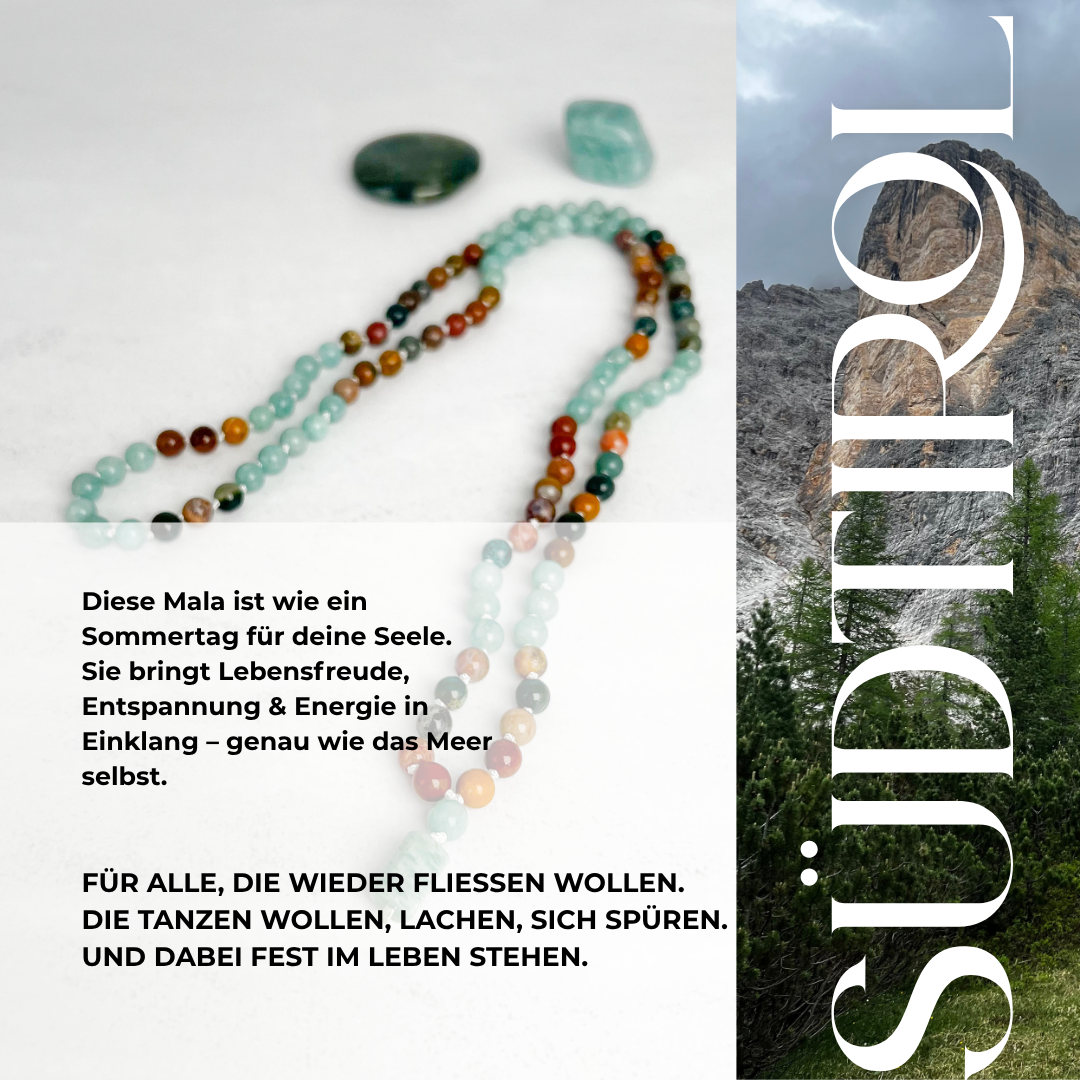 Handgefertigte Südtirol-Mala mit Amazonit und Ocean Jaspis – Edelstein-Schmuck für Lebensfreude, Entspannung und frische Energie.