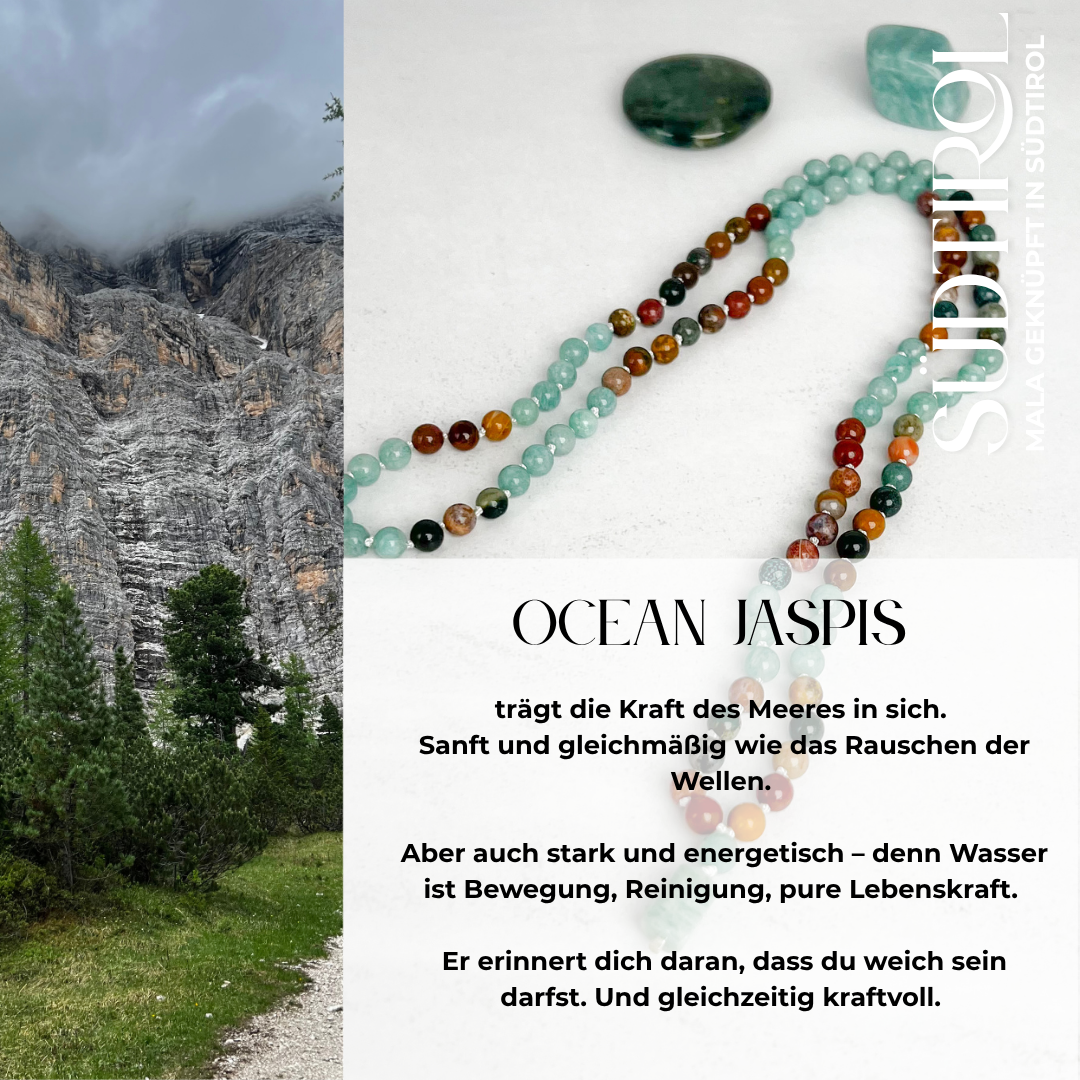 Handgefertigte Südtirol-Mala mit Amazonit und Ocean Jaspis – Edelstein-Schmuck für Lebensfreude, Entspannung und frische Energie.