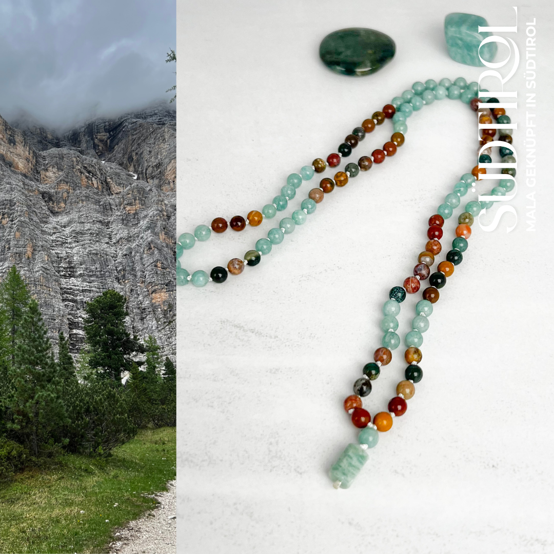 Handgefertigte Südtirol-Mala mit Amazonit und Ocean Jaspis – Edelstein-Schmuck für Lebensfreude, Entspannung und frische Energie.