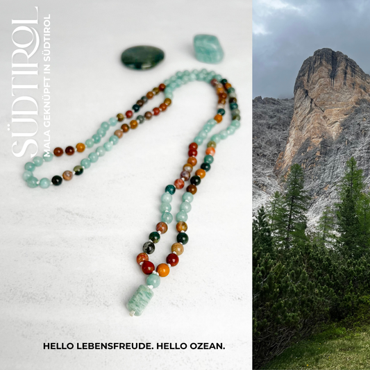 Handgefertigte Südtirol-Mala mit Amazonit und Ocean Jaspis – Edelstein-Schmuck für Lebensfreude, Entspannung und frische Energie.