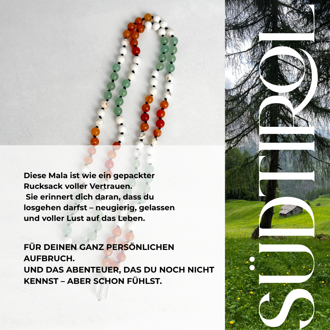 Handgefertigte Südtirol-Mala mit grünem und orangem Aventurin sowie Magnesit – Schmuck für Mut, Optimismus, Abenteuer und Entspannung.