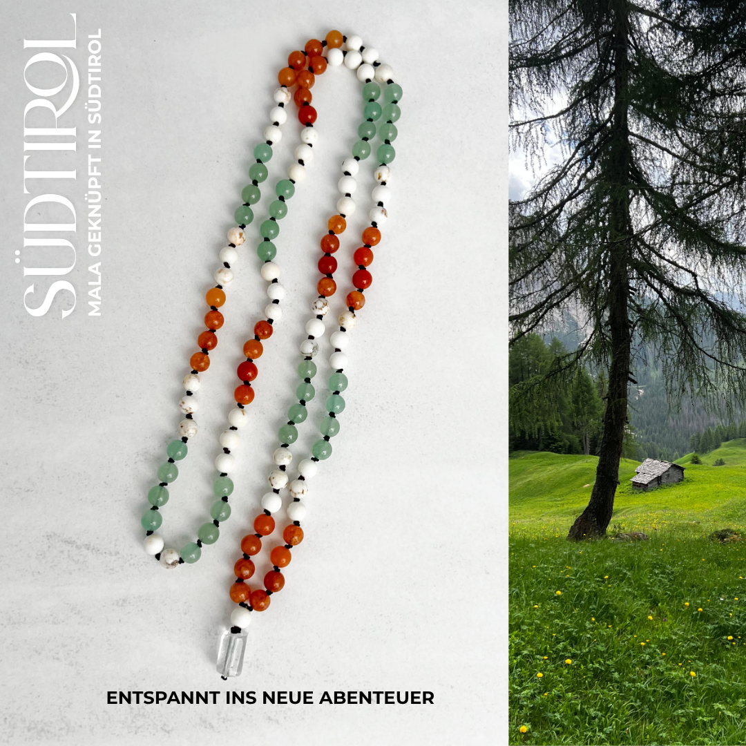 Handgefertigte Südtirol-Mala mit grünem und orangem Aventurin sowie Magnesit – Schmuck für Mut, Optimismus, Abenteuer und Entspannung.