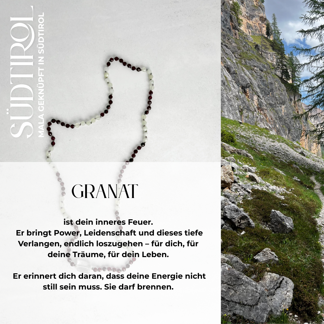 Handgefertigte Südtirol-Mala mit Granat und Jade. Edelstein-Schmuck für Leidenschaft, Erdung & tiefe Verbundenheit mit der Natur.