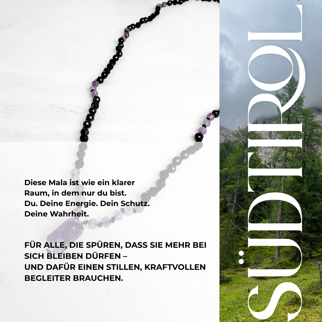 Südtirol-Mala – handgefertigt aus Turmalin und Amethyst. Energiegeladener Edelstein-Schmuck mit Geschichte von Moonlight Edelsteine