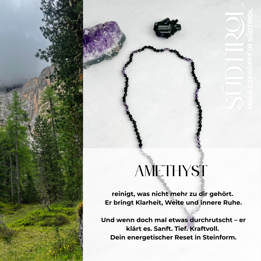 Südtirol-Mala – handgefertigt aus Turmalin und Amethyst. Energiegeladener Edelstein-Schmuck mit Geschichte von Moonlight Edelsteine