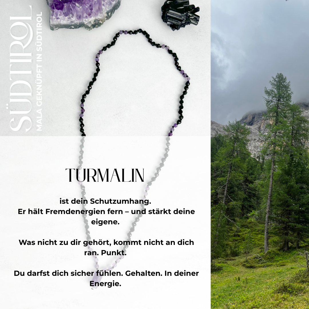 Südtirol-Mala – handgefertigt aus Turmalin und Amethyst. Energiegeladener Edelstein-Schmuck mit Geschichte von Moonlight Edelsteine.