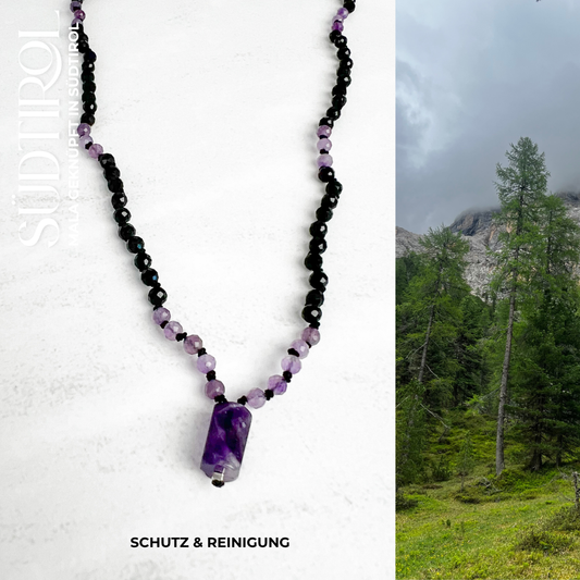 Südtirol-Mala – handgefertigt aus Turmalin und Amethyst. Energiegeladener Edelstein-Schmuck mit Geschichte von Moonlight Edelsteine.